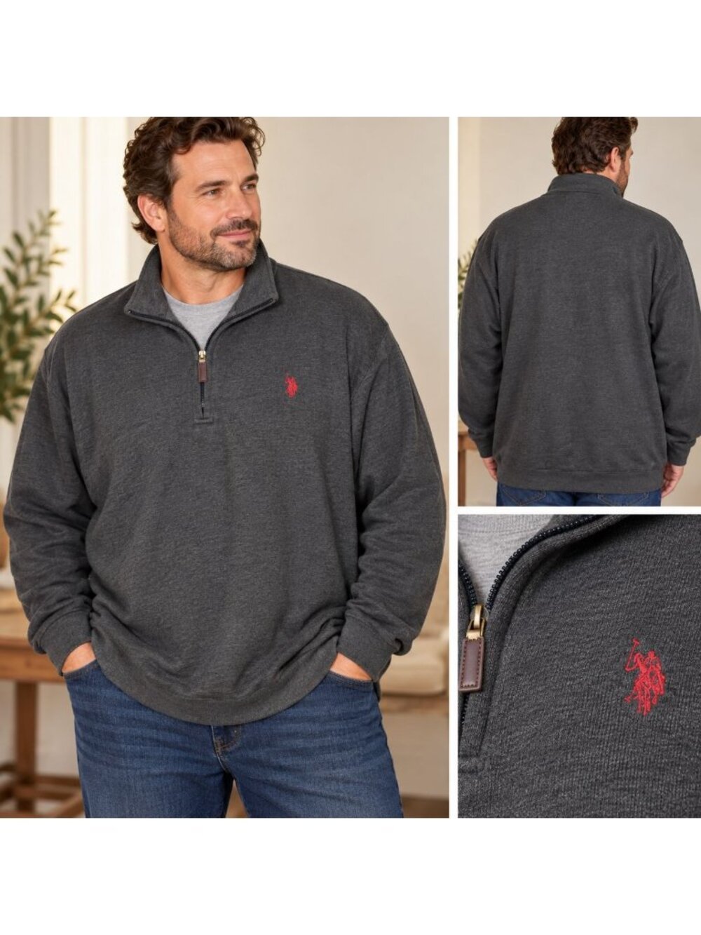 US Polo Assn Mens 4XLT Charcoal Gray Quarter Zip Pullover Sweater Tall 4XL